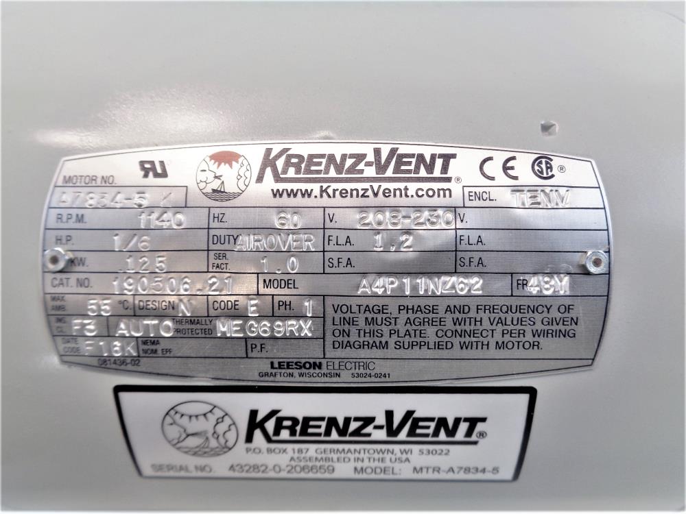 Krenz-Vent 1/6HP Electrical Fan Motor, Model# A4P11NZ62, Cat# 190506.21